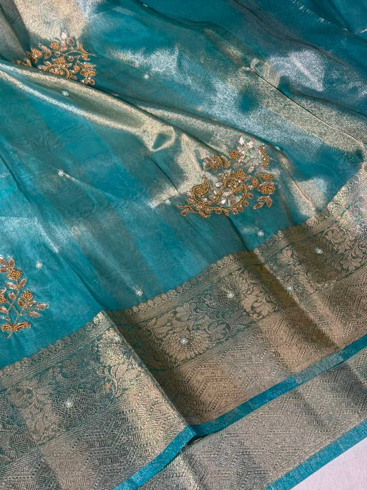 Mint Green Kora Tissue Handwork Banarasi Saree
