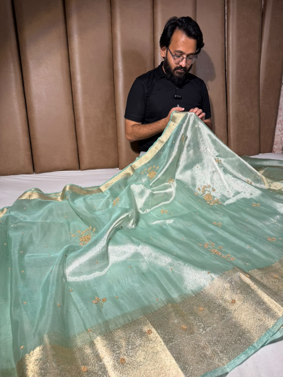 Sea Green Kora Tissue Handwork Banarasi Saree