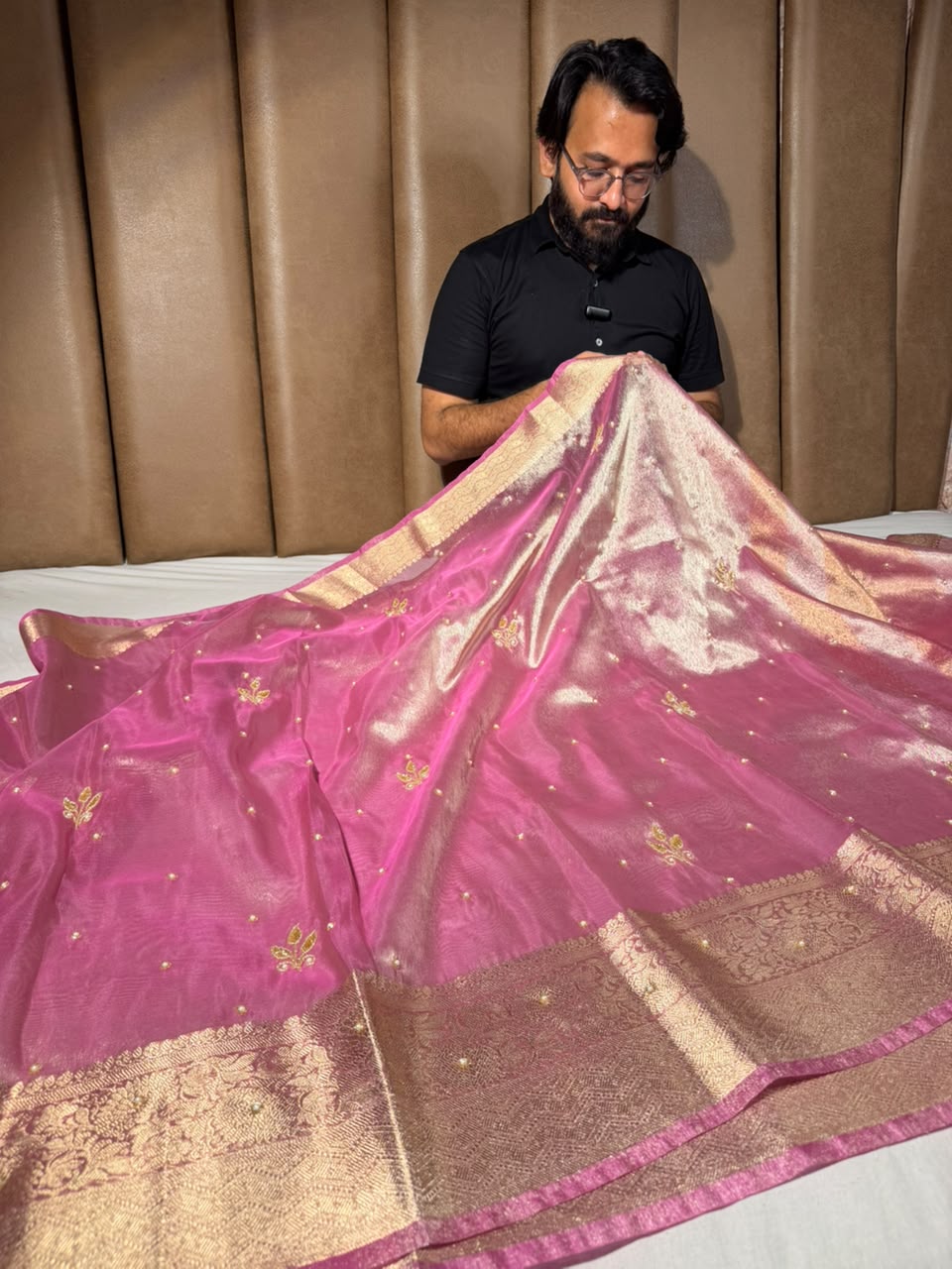 Barbie Pink Kora Tissue Handwork Banarasi Saree