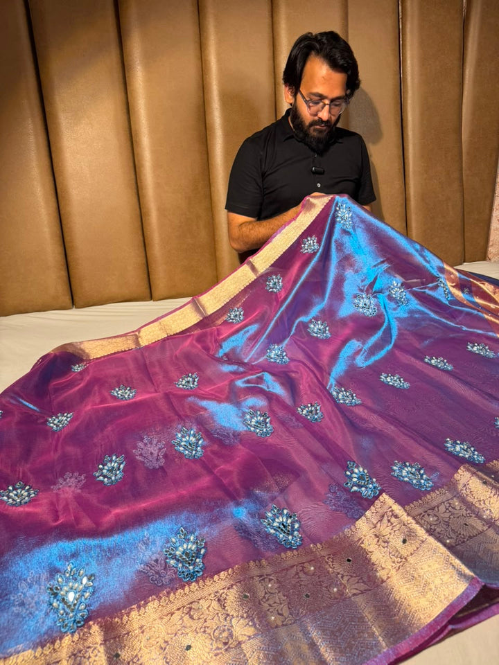 Cobalt Blue Kora Tissue Handwork Buta Saree