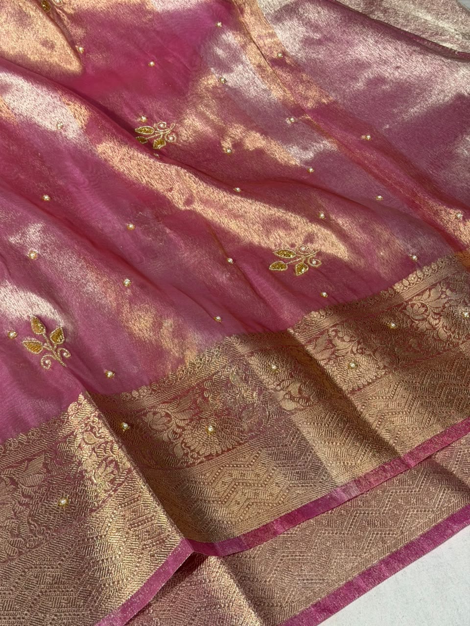 Barbie Pink Kora Tissue Handwork Banarasi Saree