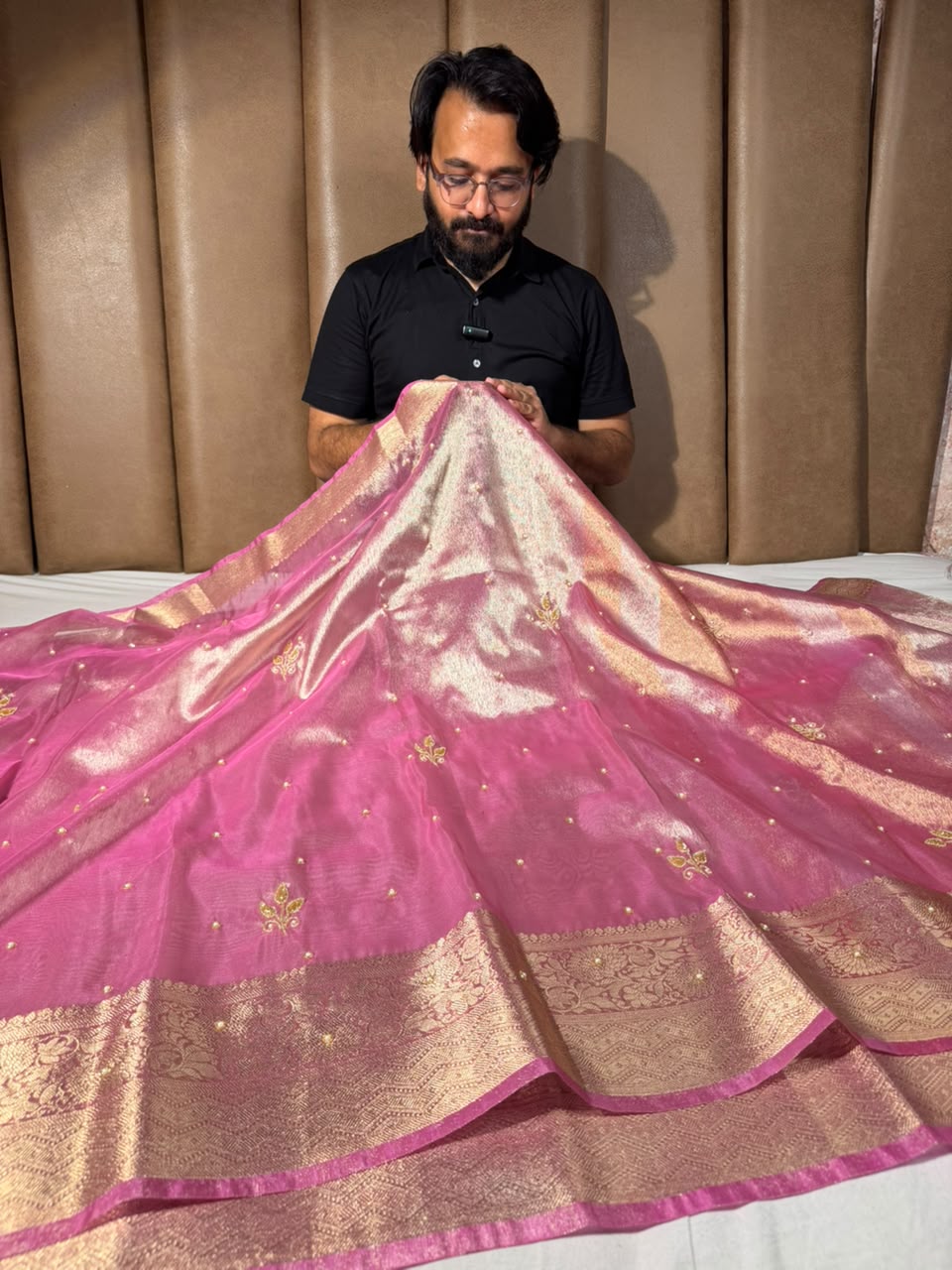 Barbie Pink Kora Tissue Handwork Banarasi Saree