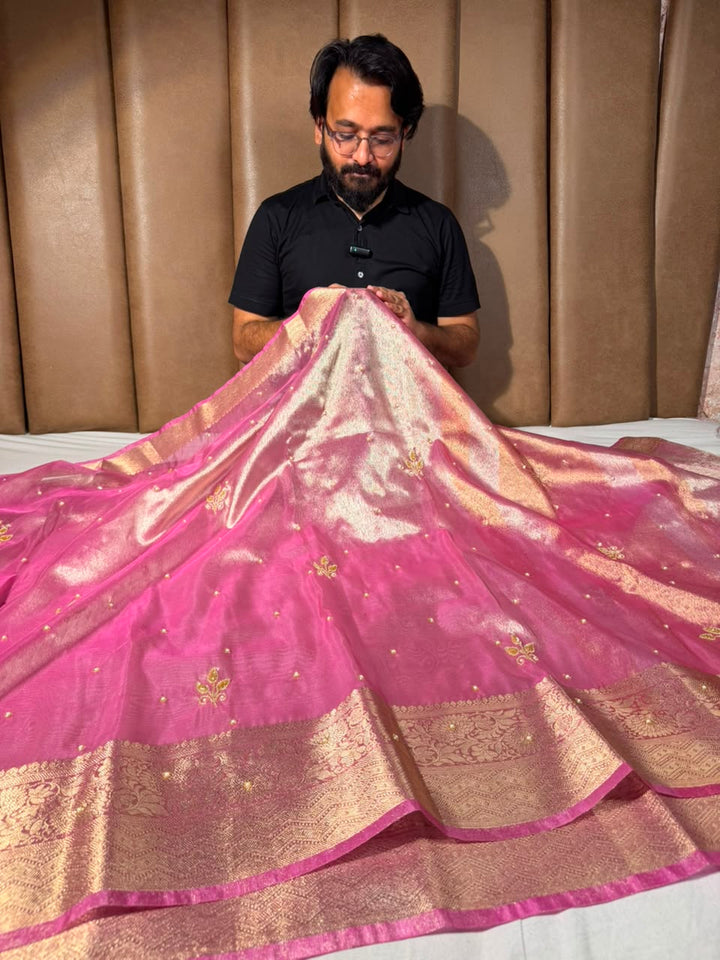 Barbie Pink Kora Tissue Handwork Banarasi Saree