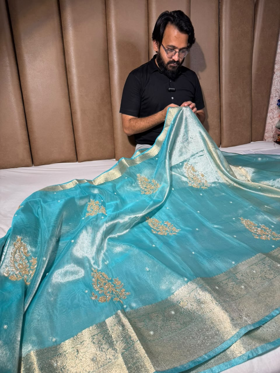 Mint Green Kora Tissue Handwork Banarasi Saree