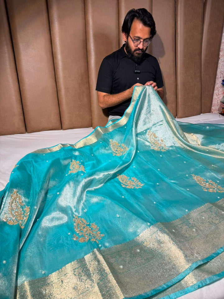 Mint Green Kora Tissue Handwork Banarasi Saree