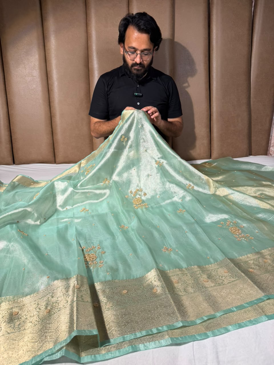 Sea Green Kora Tissue Handwork Banarasi Saree