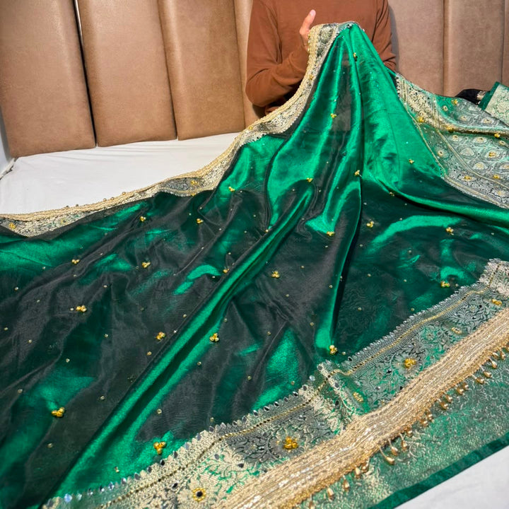 Metallic  Green Kora Tissue Viral Ghungroo Saree