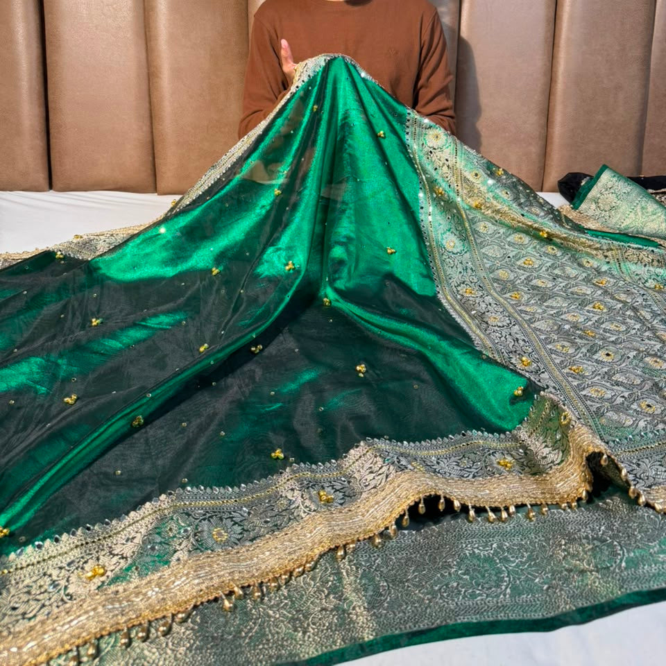Metallic Green Kora Tissue Viral Ghungroo Saree