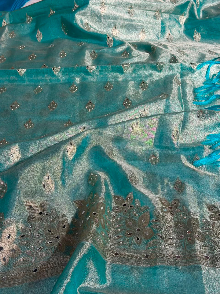 Sea Green Kora Tissue Mirror Work Suit Set