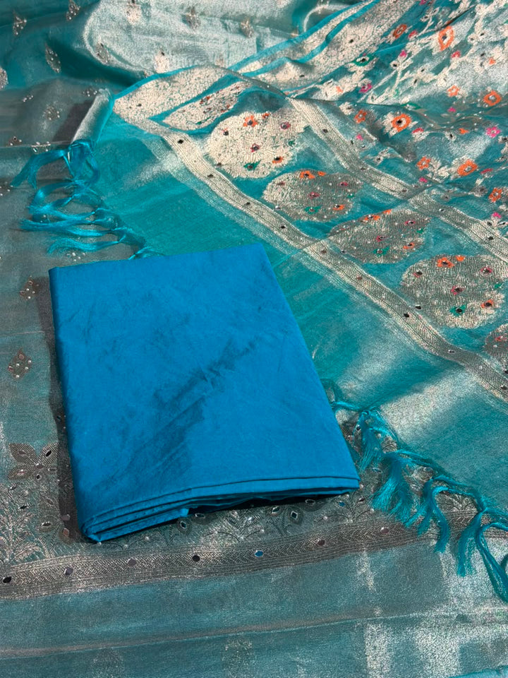 Sea Green Kora Tissue Mirror Work Suit Set
