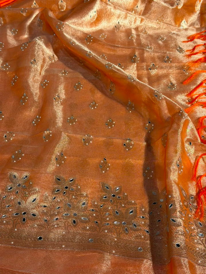 Metallic Orange Kora Tissue Mirror Work Suit Set
