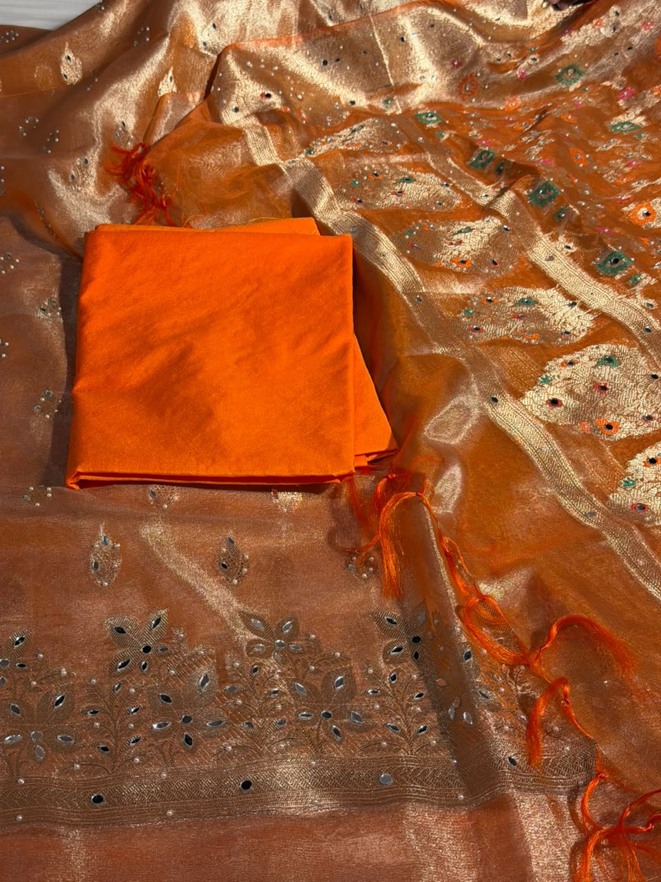 Metallic Orange Kora Tissue Mirror Work Suit Set