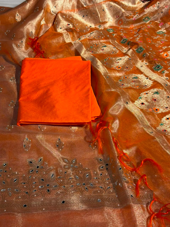 Metallic Orange Kora Tissue Mirror Work Suit Set