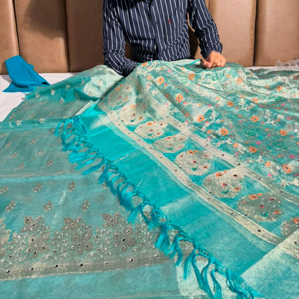 Sea Green Kora Tissue Mirror Work Suit Set