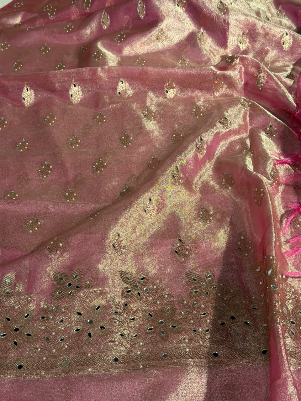 Barbie pink Kora Tissue Mirror Work Suit Set