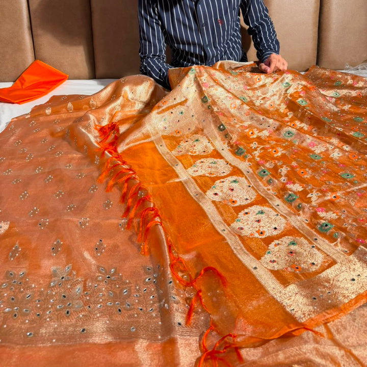 Metallic Orange Kora Tissue Mirror Work Suit Set