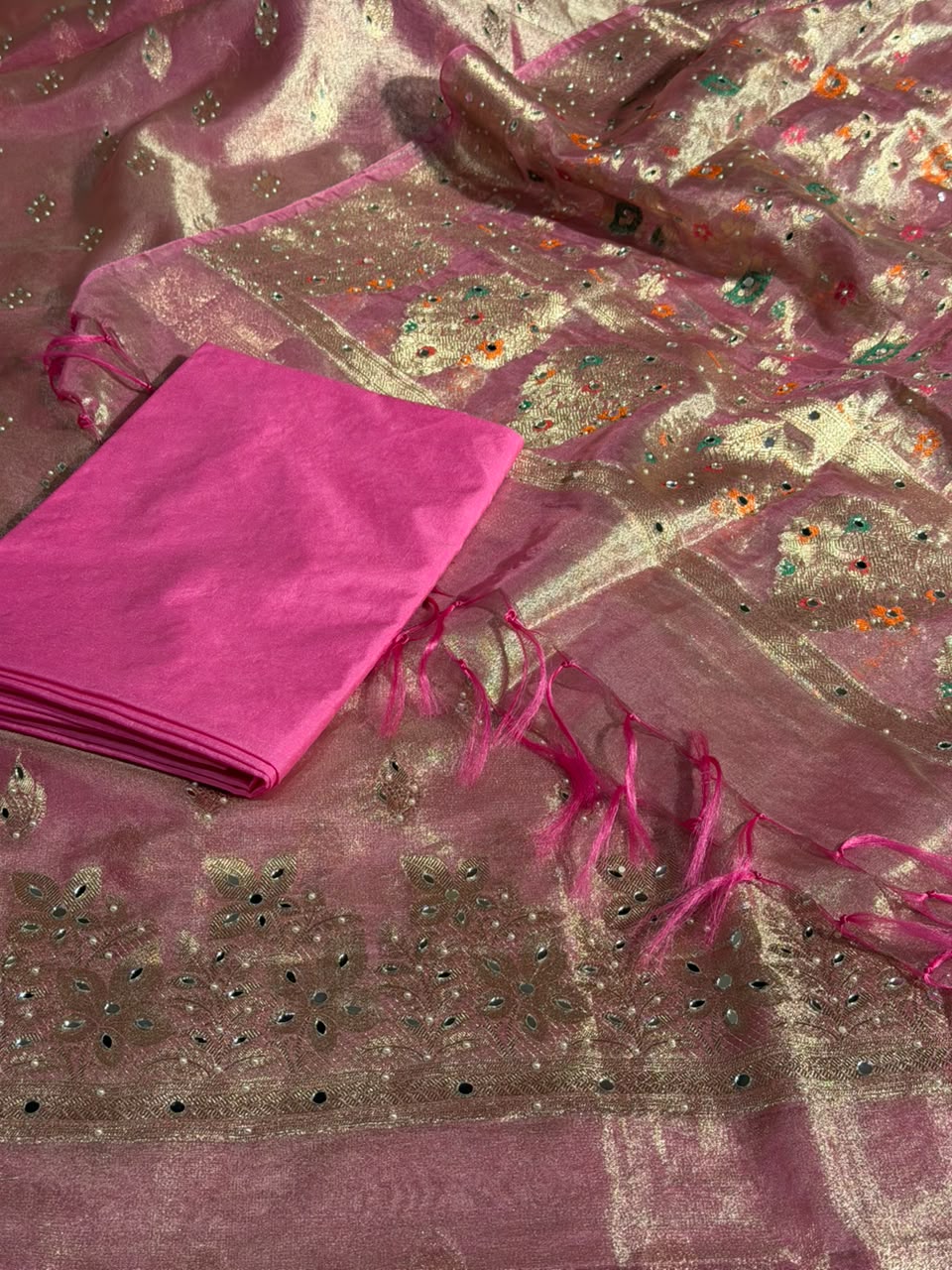 Barbie pink Kora Tissue Mirror Work Suit Set