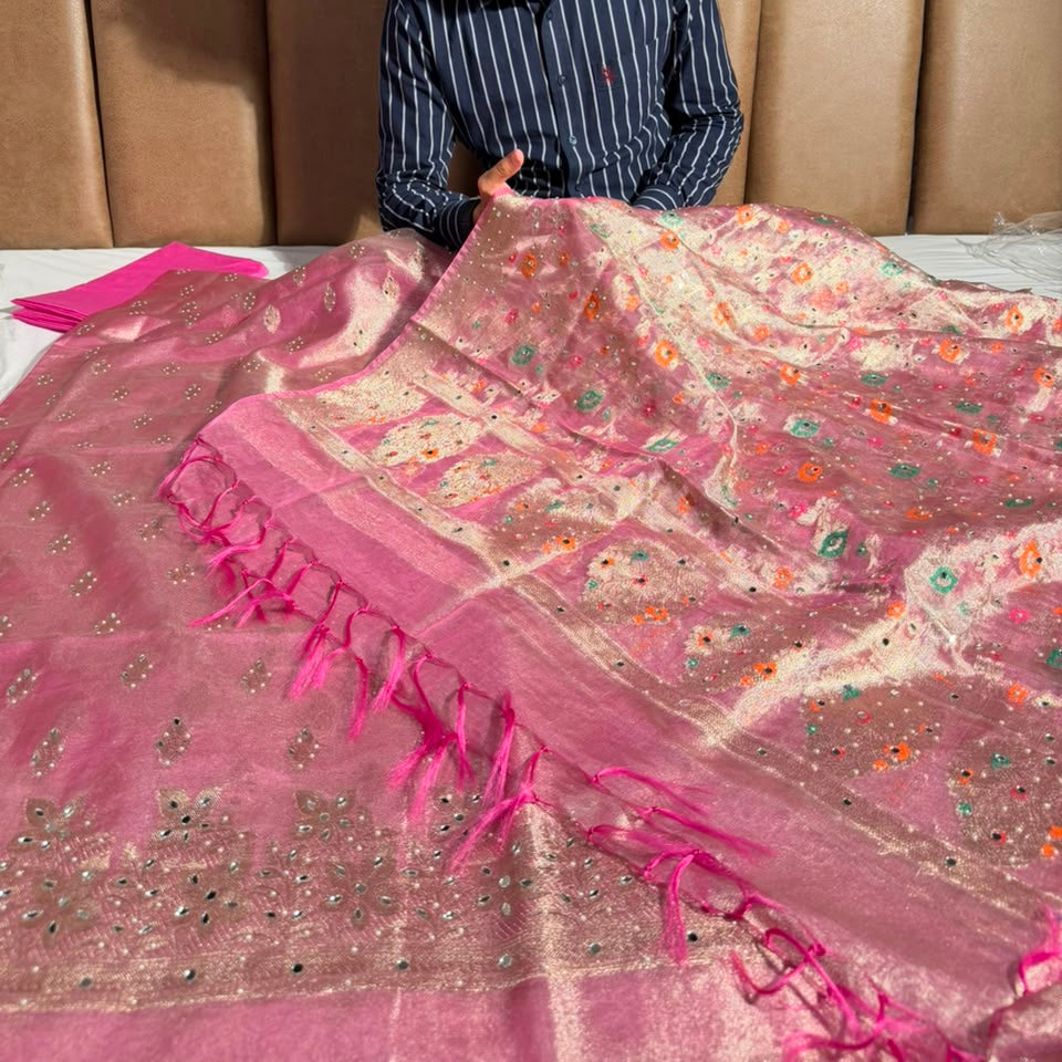 Barbie pink Kora Tissue Mirror Work Suit Set