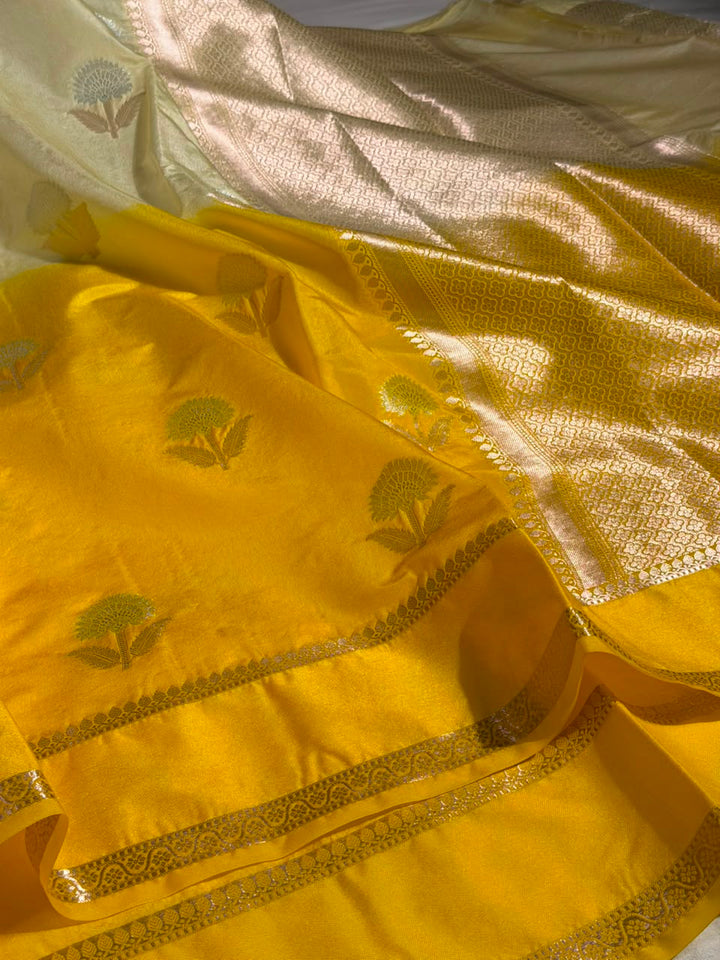 Cream Yellow Soft Chinia Silk Jacquard Banarasi Saree
