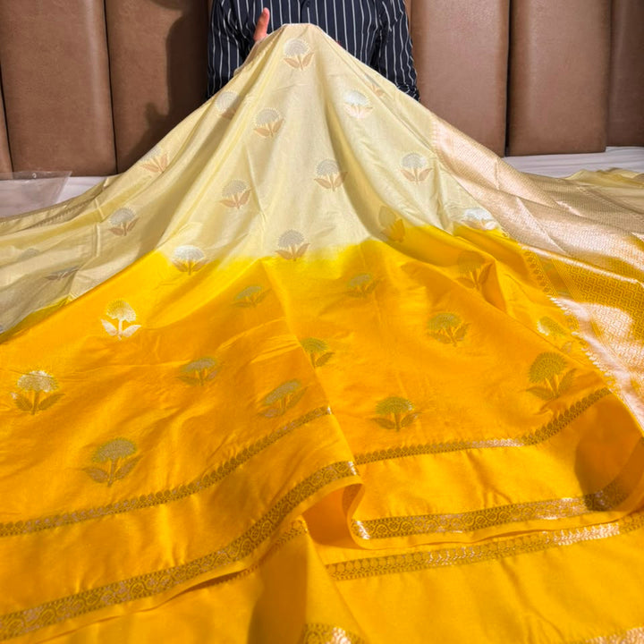 Cream Yellow Soft Chinia Silk Jacquard Banarasi Saree