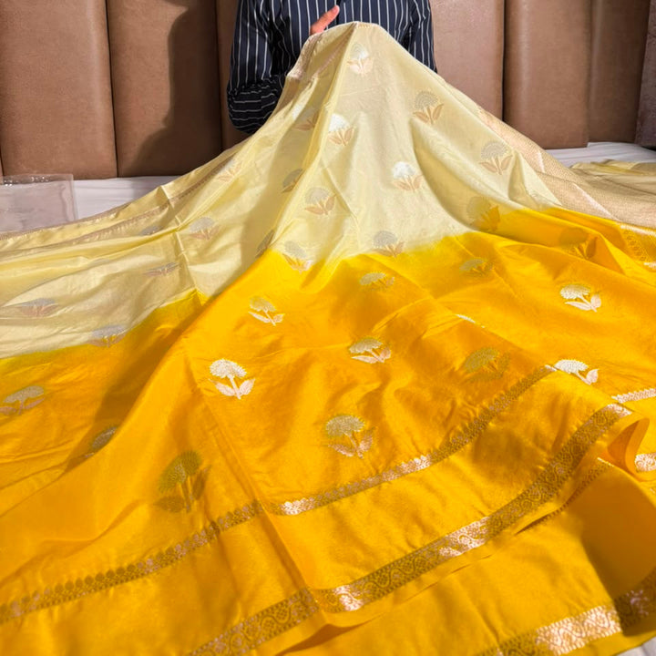 Cream Yellow Soft Chinia Silk Jacquard Banarasi Saree