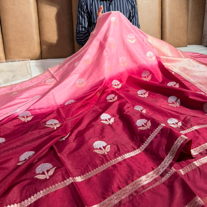 Pink Maroon Soft Chinia Silk Jacquard Banarasi Saree