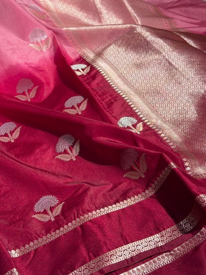 Pink Maroon Soft Chinia Silk Jacquard Banarasi Saree