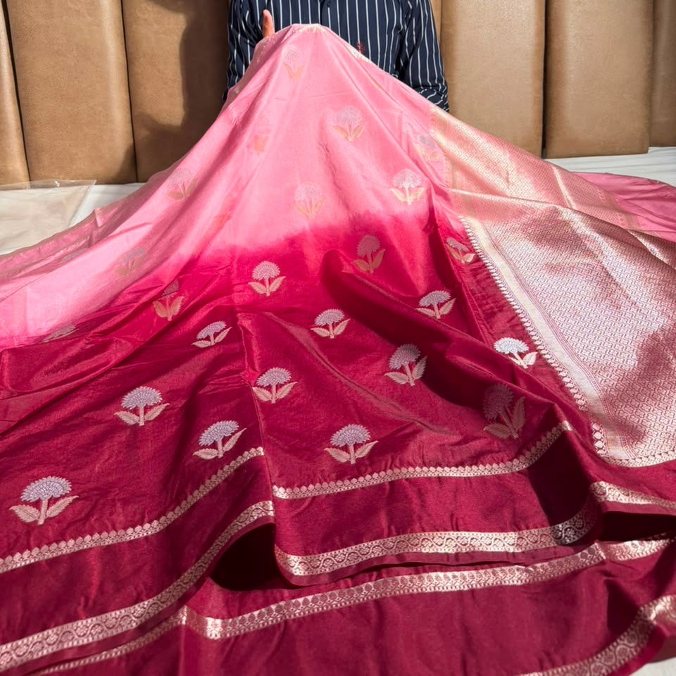 Pink Maroon Soft Chinia Silk Jacquard Banarasi Saree