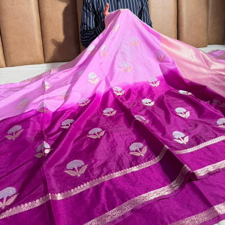 Pink Purple Soft Chinia Silk Jacquard Banarasi Saree