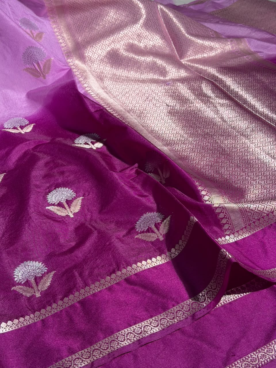Pink Purple Soft Chinia Silk Jacquard Banarasi Saree
