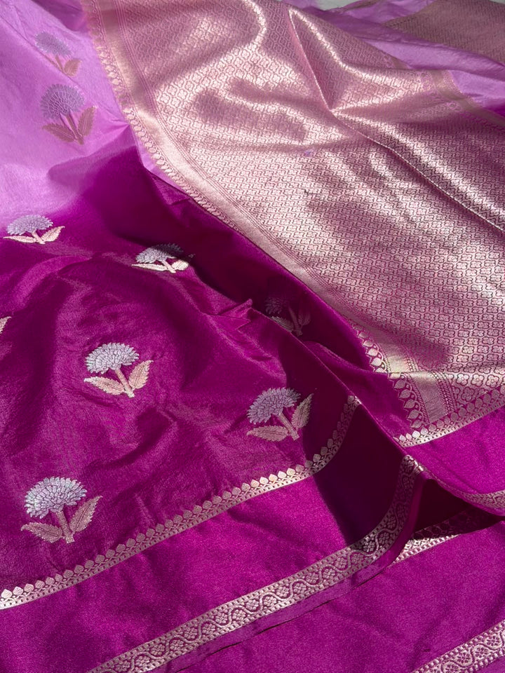Pink Purple Soft Chinia Silk Jacquard Banarasi Saree