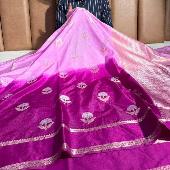 Pink Purple Soft Chinia Silk Jacquard Banarasi Saree