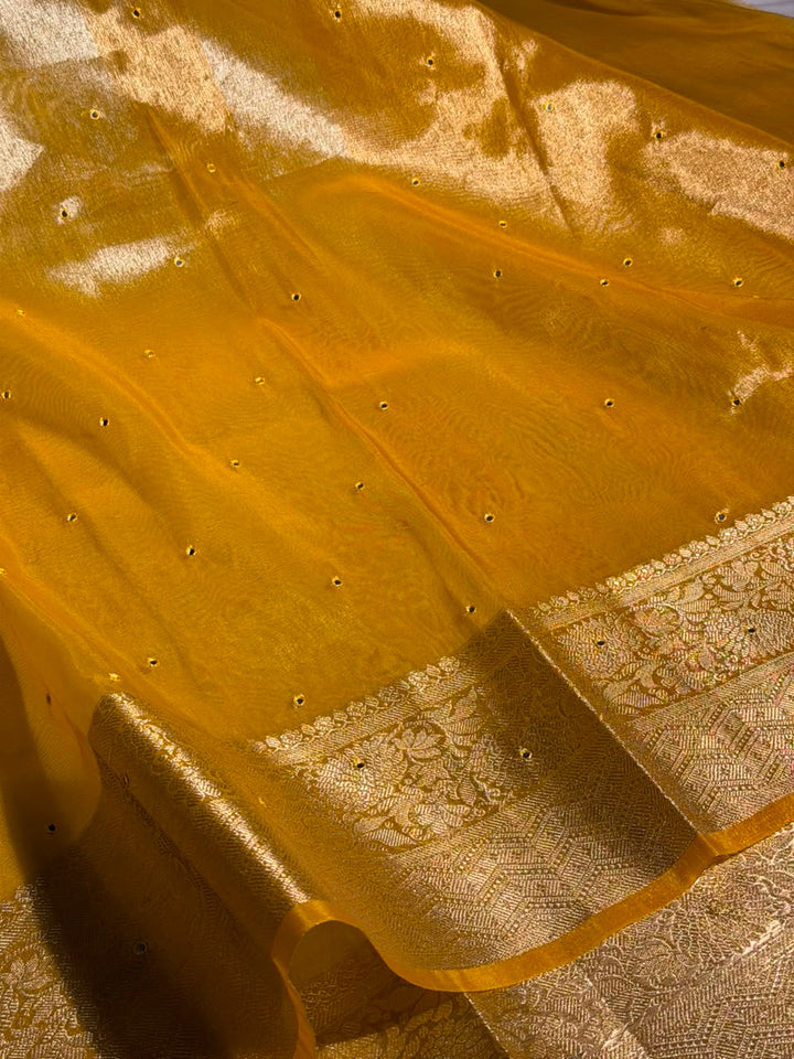 Metallic Yellow Shade Kora Tissue Mirror Work saree