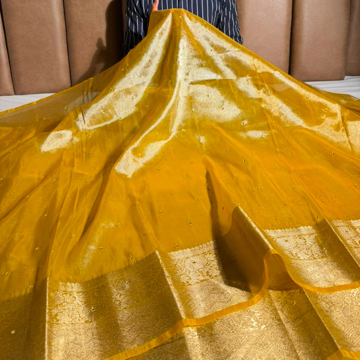 Metallic Yellow Shade Kora Tissue Mirror Work saree