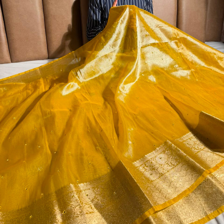 Metallic Yellow Shade Kora Tissue Mirror Work saree