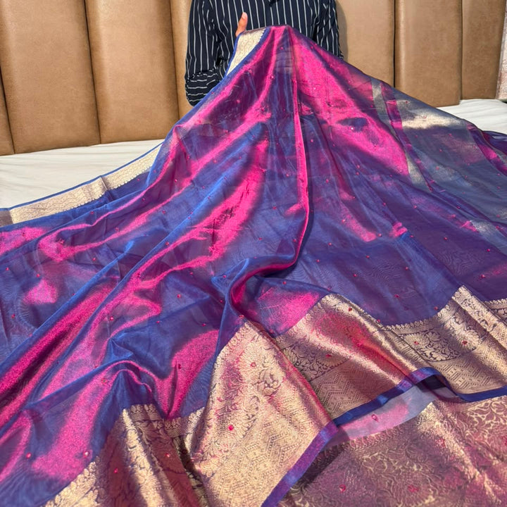 Rare Baigani Shade Kora Tissue Mirror Work saree