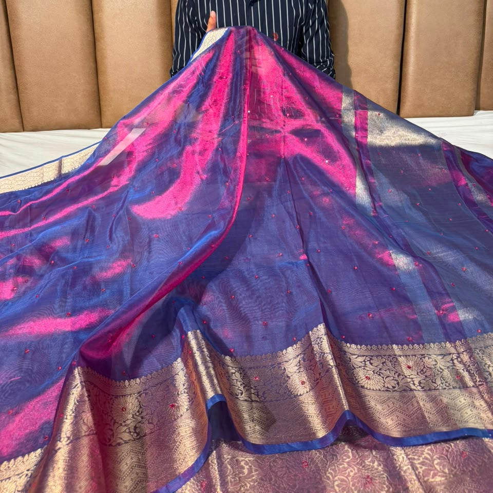 Rare Baigani Shade Kora Tissue Mirror Work saree