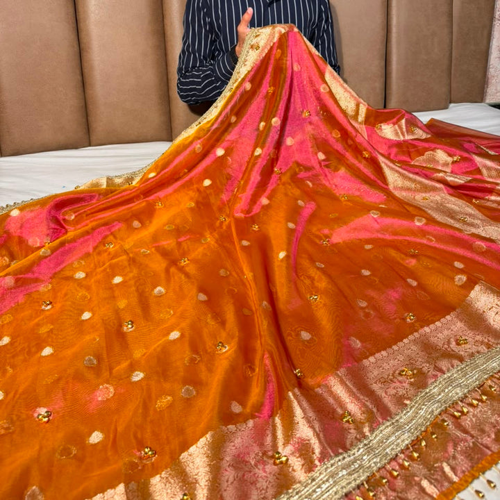 Rani Orange Dhoop Chaon Tissue Ghungroo Saree