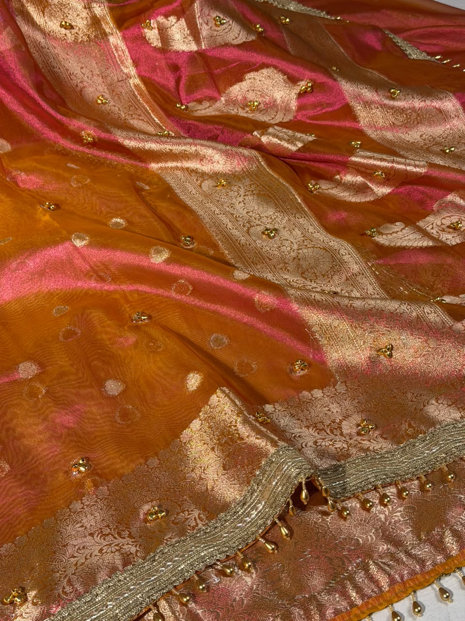 Rani Orange Dhoop Chaon Tissue Ghungroo Saree