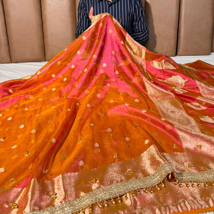 Rani Orange Dhoop Chaon Tissue Ghungroo Saree