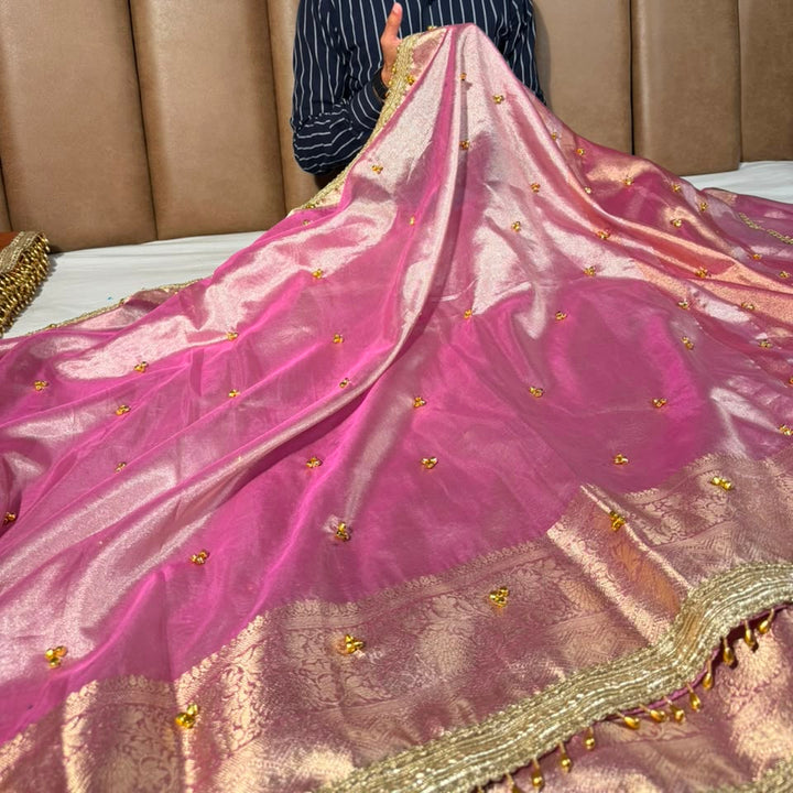 Barbie Pink Tissue Silk Viral Ghungroo Saree