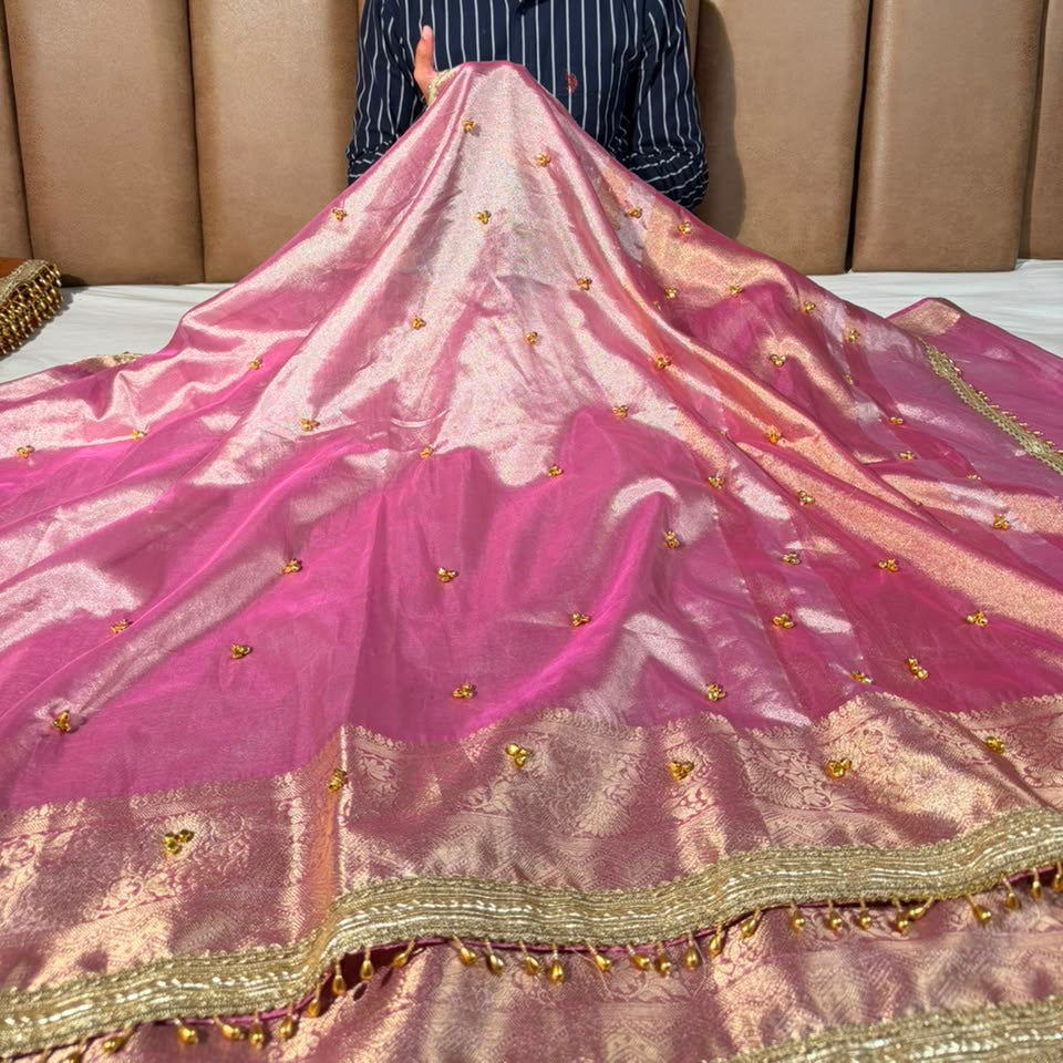 Barbie Pink Tissue Silk Viral Ghungroo Saree
