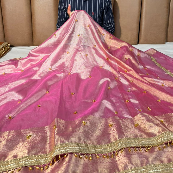 Barbie Pink Tissue Silk Viral Ghungroo Saree