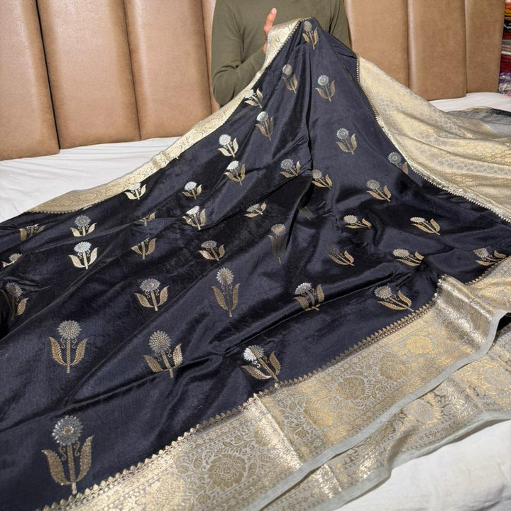 Jet Black Shade Soft Georgette Banarasi Saree
