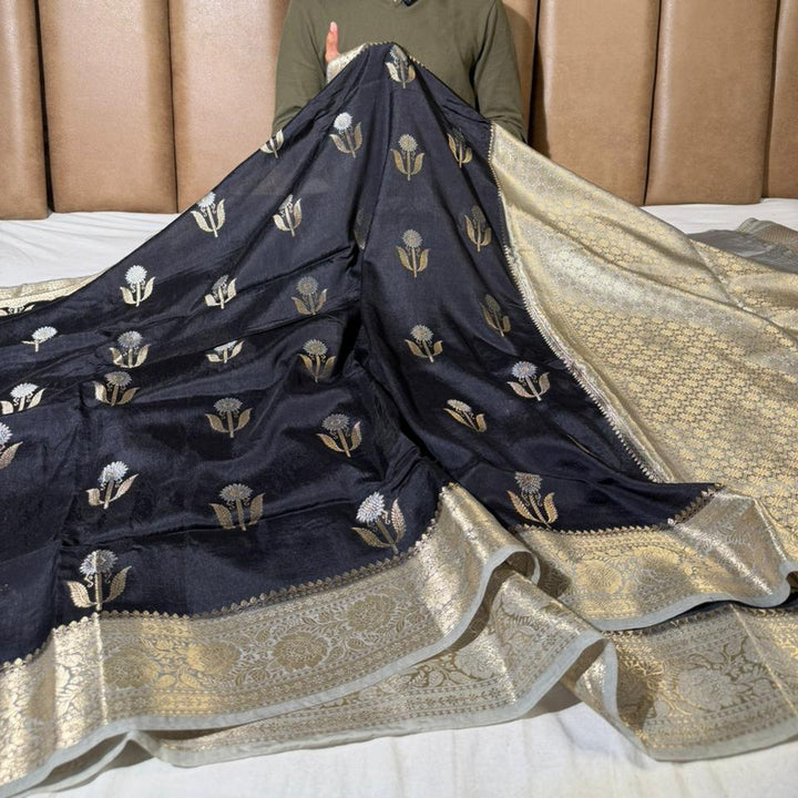 Jet Black Shade Soft Georgette Banarasi Saree