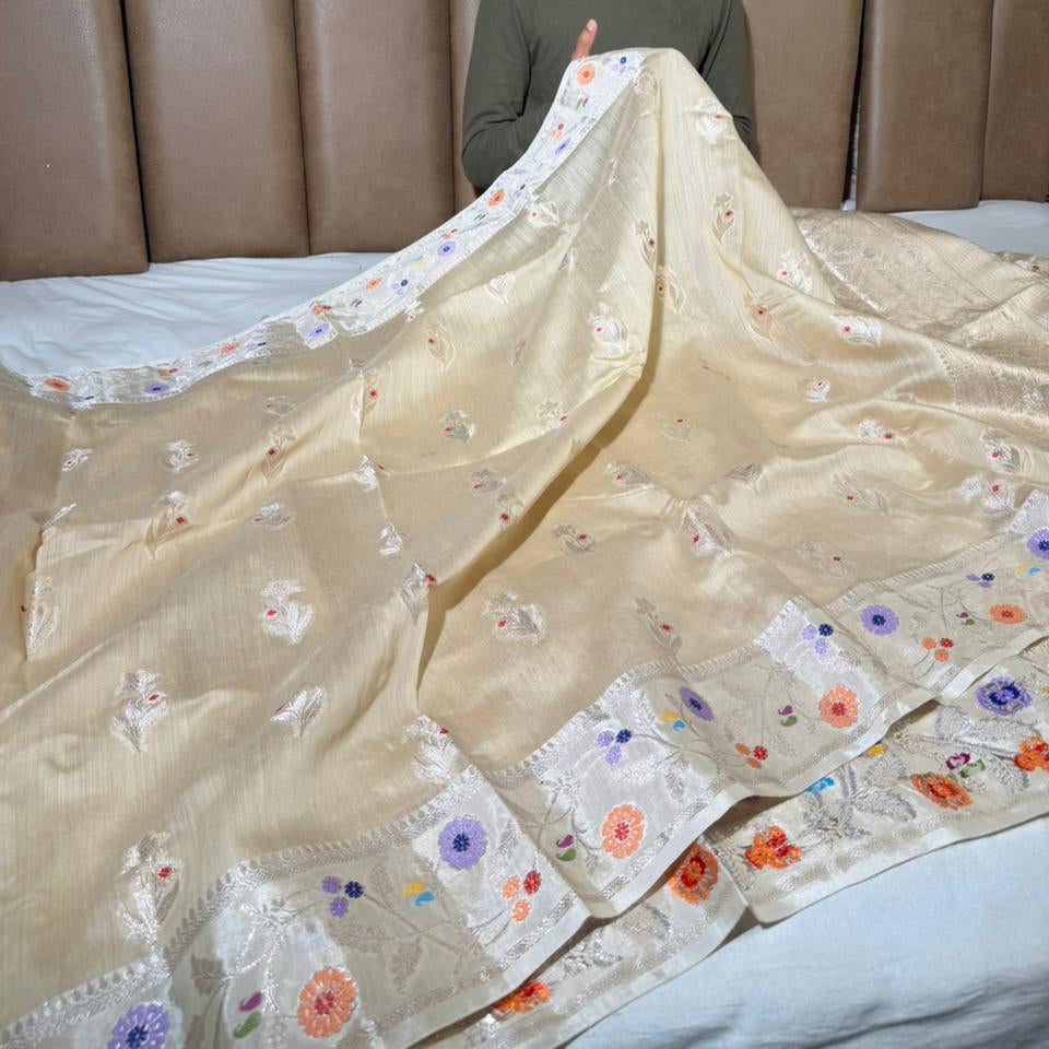 Natural Ivory Pure Munga Silk Meenakari Banarasi Saree