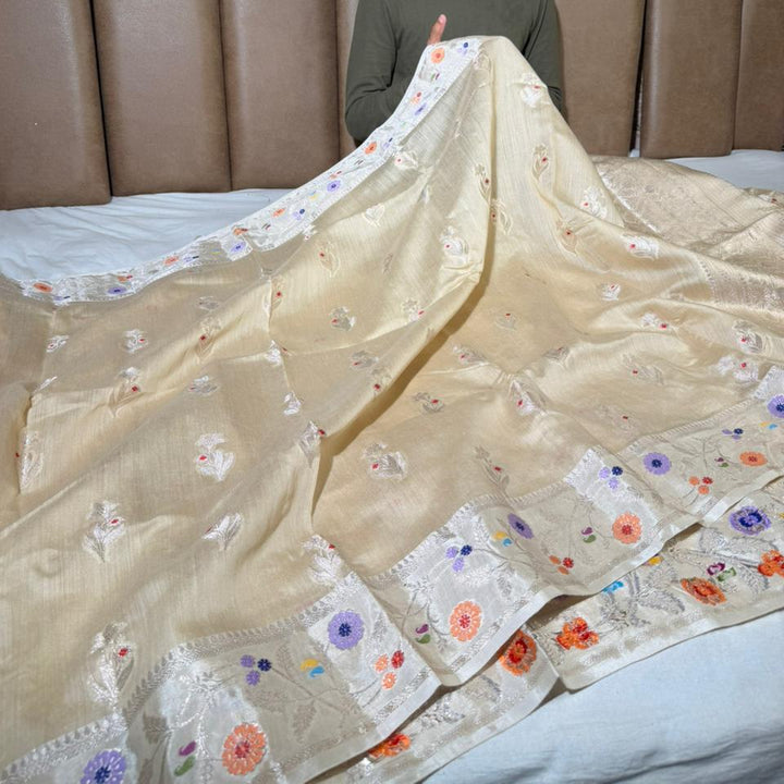 Natural Ivory Pure Munga Silk Meenakari Banarasi Saree