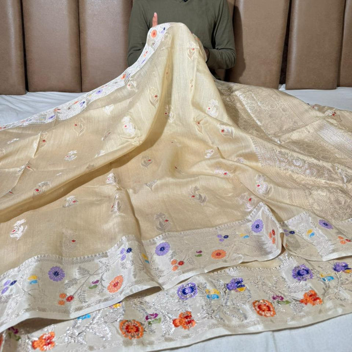 Natural Ivory Pure Munga Silk Meenakari Banarasi Saree