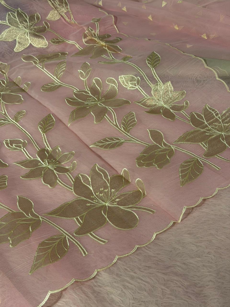 Baby Pink Kota Banarasi Applique Work Saree