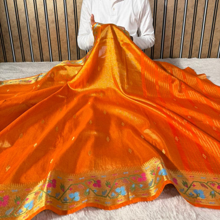 Metallic Orange Breathable tissue Ikkat Border Saree